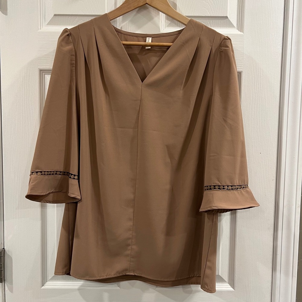 Evaless Womens Brown V-Neck 3/4 Bell Sleeve Crochet Lace Trim Blouse Size Large